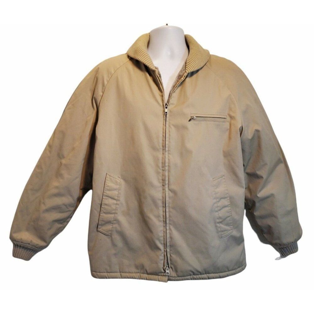 Vintage Haggar Outerwear Beige Full Zip Faux Fur Lined Coat Mens Sz 42 USA